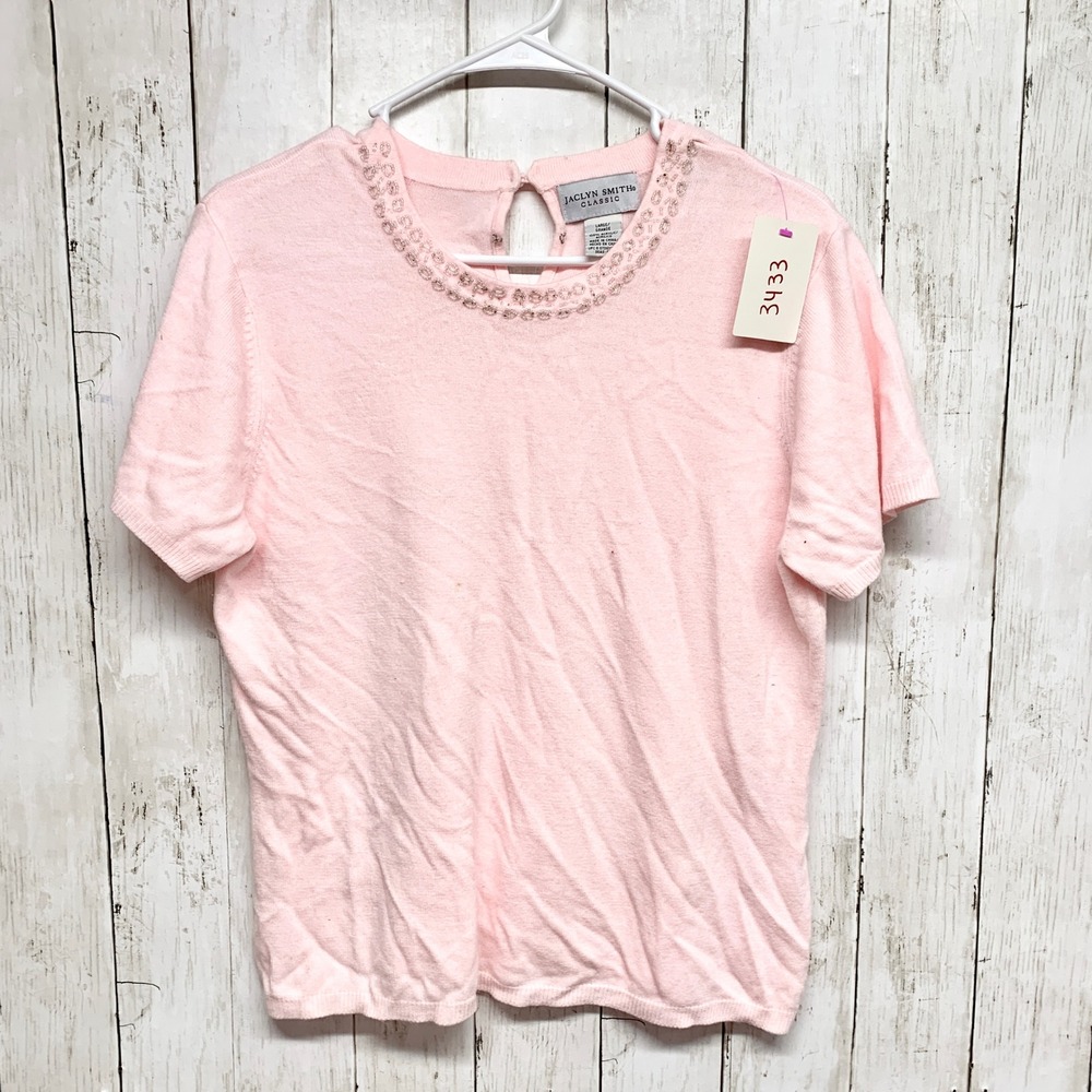 Jaclyn Smith Classic Beaded Neckline‎ Sweater Womens Size L Pink Vintage Acrylic